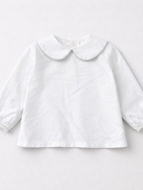 Busy Bees Smocks white long sleeve cotton shirt Peter Pan collar sage piping